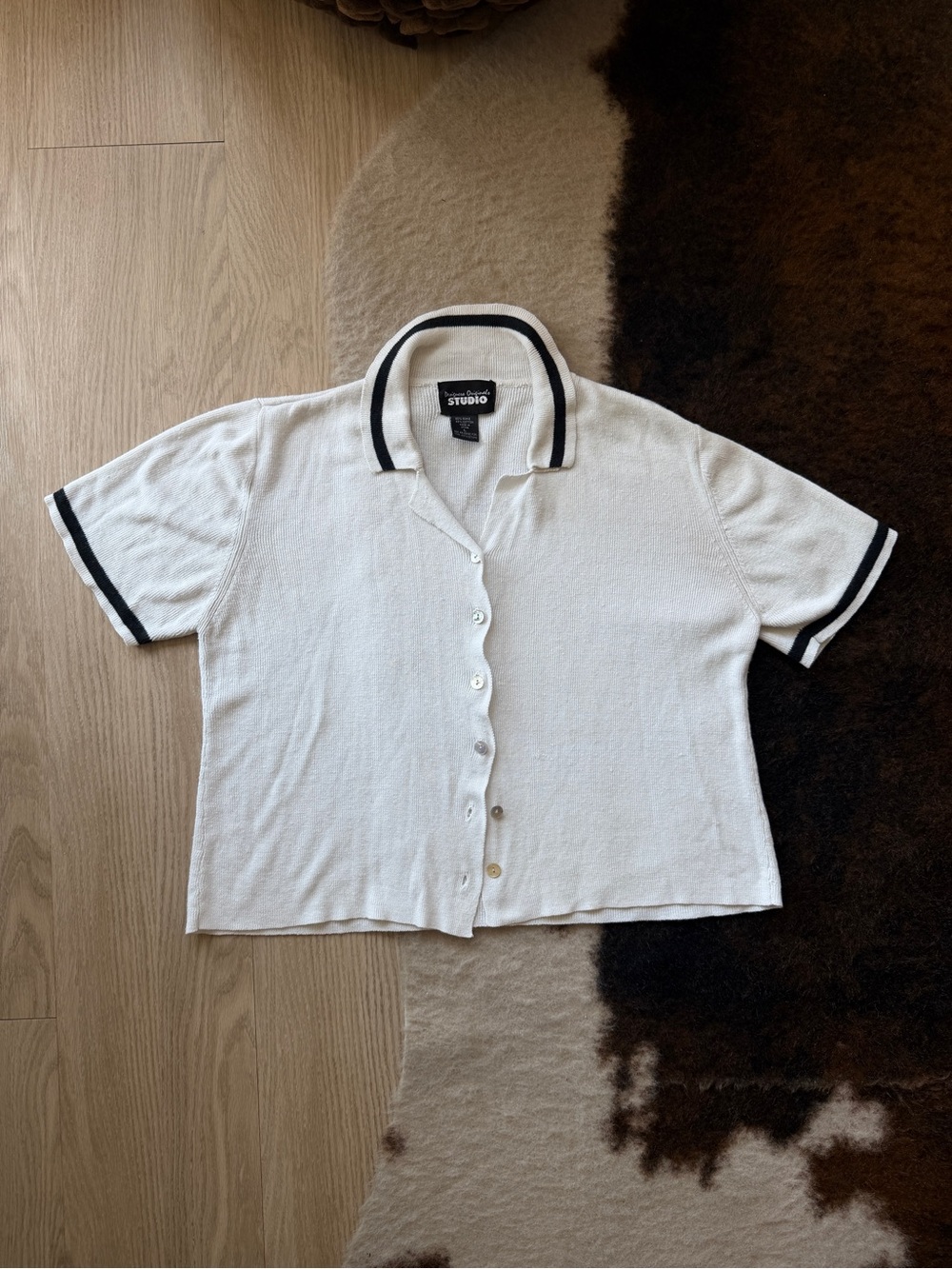 White Cropped Button Up Blouse with Black Trim
